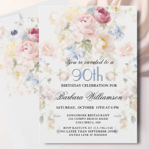 Elegante gemalte rosa Rosen-Blumen zum 90. Geburts Einladung
