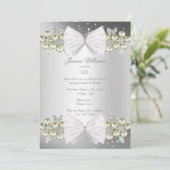 Elegante Gems & Bow Silver Geburtstag Einladung (Stehend Vorderseite)