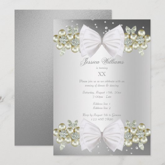 Elegante Gems & Bow Silver Geburtstag Einladung (Vorne/Hinten)