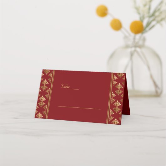 Elegante Gemusterte Hochzeit mit Red Gold Damask Platzkarte (Vorderseite)