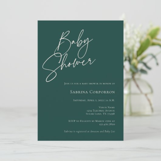 Elegante Gender Neutral Baby Dusche | Dunkelgrün Einladung (Stehend Vorderseite)