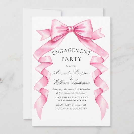 Elegante Gentle Pink Bow Ribbon ENGAGEMENT PARTY Einladung (Vorderseite)