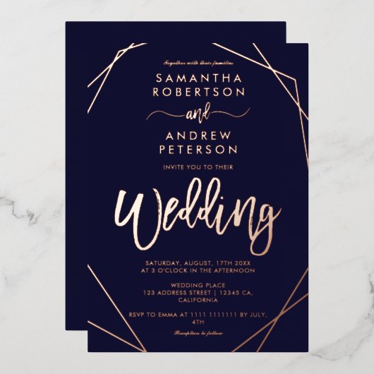 Elegante geometrische Rahmen Marine blaue Skript H Folieneinladung (Vorderseite/Rückseite)