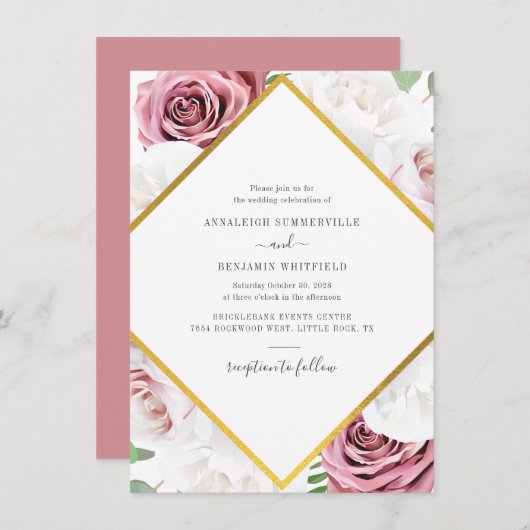 Elegante geometrische Rose Hochzeit der Goldenen B Einladung (Vorne/Hinten)