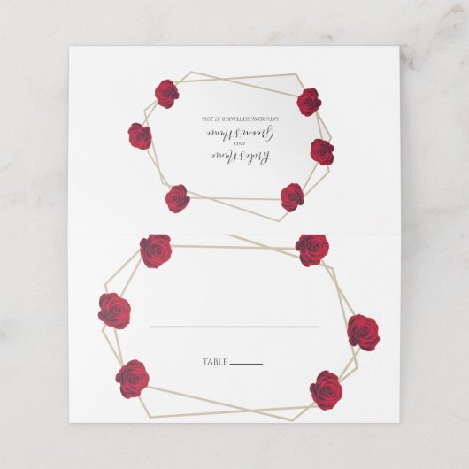 Elegante geometrische Rote Rose Hochzeit Platzkart Platzkarte (Außenseite Aufgefaltet)