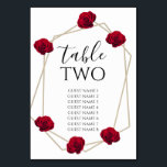 Elegante geometrische Rote Rose Hochzeitgastnamen Tischnummer<br><div class="desc">Dieses Design besticht durch elegante rote Rosen in Verbindung mit einem geometrischen goldenen Rahmen. Der geometrische Rahmen des Goldes ist von Vintagen rote Rosen umgeben. Die Kombination aus Rot, Schwarz und Gold schafft einen eleganten, romantischen und schicken Stil. Elegantes Hochzeitskartendesign mit modernen Tischnummern. Das einfache Einrichten der Typografie verleiht ihr...</div>