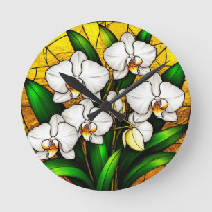 Elegante gestanzte Glas Weiße Orchideen Runde Wanduhr