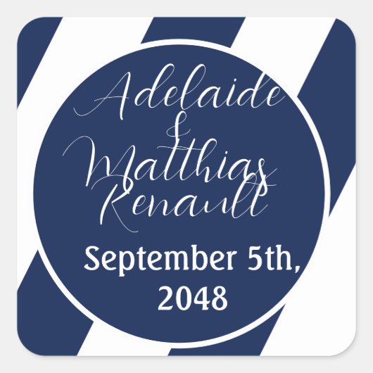 Elegante, gestreifte Hochzeit - Navy Blue, White Quadratischer Aufkleber (Vorderseite)