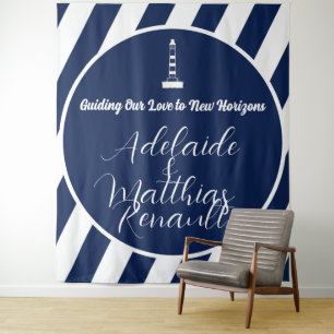 Elegante, gestreifte Hochzeit - Navy Blue, White Wandteppich