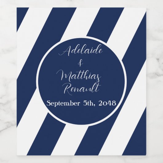 Elegante, gestreifte Hochzeit - Navy Blue, White Weinetikett (Einzelnes Label)