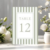 Elegante gestreifte Salbeigrüne Hochzeit Tischnummer