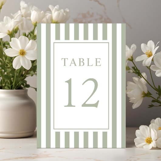 Elegante gestreifte Salbeigrüne Hochzeit Tischnummer