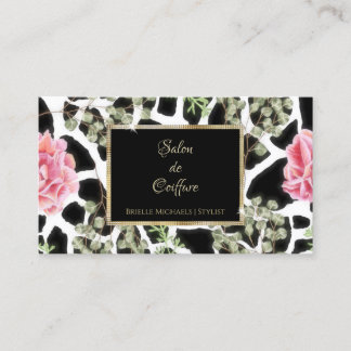 Elegante Giraffe Print Pink Roses Gold Frame Salon Visitenkarte