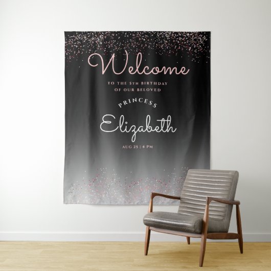 Elegante Girly Black Gradient Pastel Pink Script Wandteppich (Beispiel)