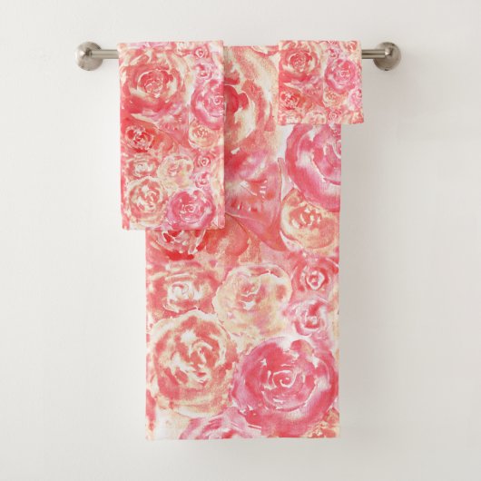 Elegante Girly Chic Coral Pink Rose Badhandtuch Set (Insitu)
