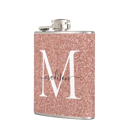 Elegante Girly Rose Gold Glitzer Sparkle Monogramm Flachmann (Links)