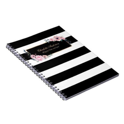 Elegante Girly Schwarz-weiß Stripes Rosa Blütenfar Notizblock (Rechte Seite)