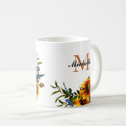 Elegante Girly Yellow Sunflower Name Monogram Tass Kaffeetasse (VorderseiteRechts)