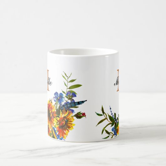 Elegante Girly Yellow Sunflower Name Monogram Tass Kaffeetasse (Mittel)