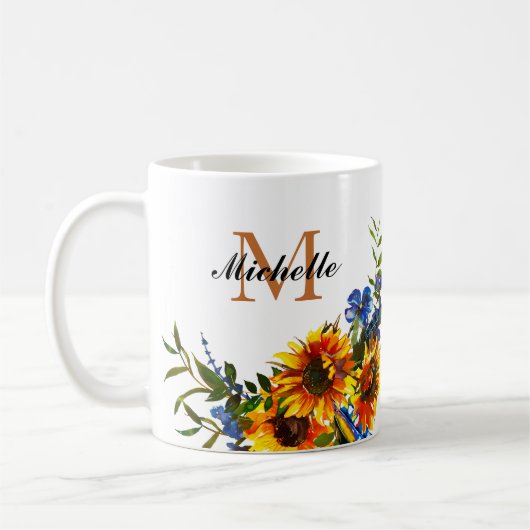 Elegante Girly Yellow Sunflower Name Monogram Tass Kaffeetasse (Links)