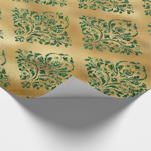 Elegante Glam Gold Green Glitzer Sparkle Damask Geschenkpapier (Ecke)