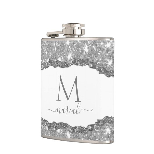 Elegante Glam Torn Glitzer Paper Name Monogram Flachmann (Links)