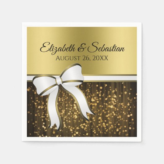 Elegante Glam White Ribbon & Gold Glitzern Hochzei Serviette (Vorderseite)