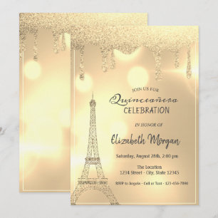 Elegante Glitter-Tropfen, Goldene Eiffelturm-Bokeh Einladung