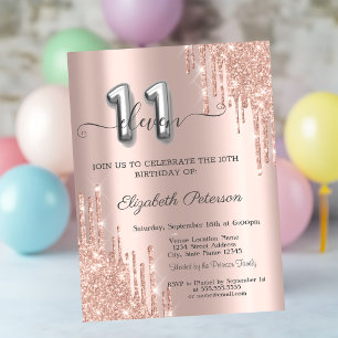 Elegante Glitter-Tropfen Roségold 11. Geburtstag Einladung
