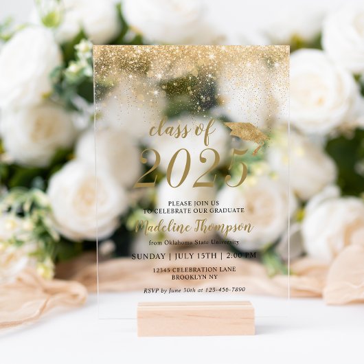 Elegante Glitzer Black Gold Hat Graduation Party Acryleinladungen