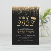 Elegante Glitzer Black Gold Hat Graduation Party Einladung (Stehend Vorderseite)
