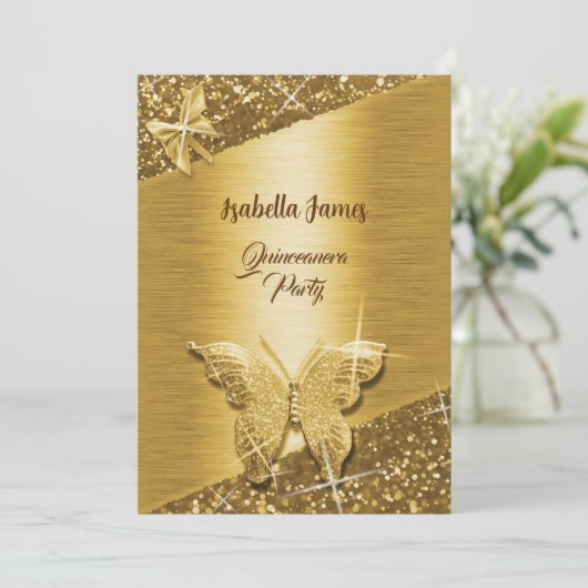 Elegante Glitzer-Folie glänzt schicke Goldblume Einladung (Stehend Vorderseite)