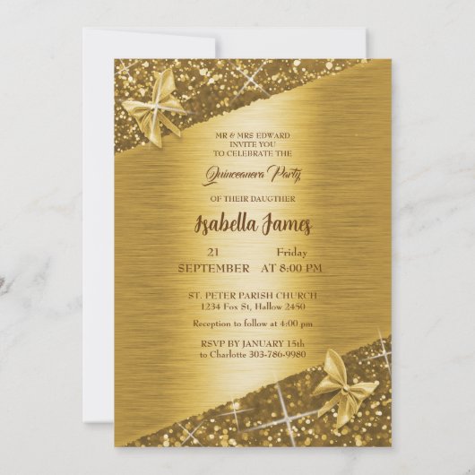 Elegante Glitzer-Folie glänzt schicke Goldblume Einladung (Rückseite)