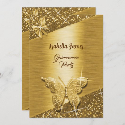 Elegante Glitzer-Folie glänzt schicke Goldblume Einladung (Vorne/Hinten)