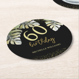 Elegante Glitzer-Gold-Palm-Kalligrafie-Geburtstag Runder Pappuntersetzer