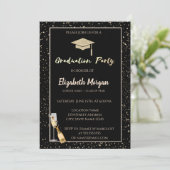 Elegante Glitzer Graduation Cap, Confetti, Wein, G Einladung (Stehend Vorderseite)