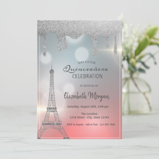 Elegante Glitzer-Tropfen, Eiffelturm Quinceanera Einladung (Stehend Vorderseite)