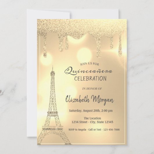 Elegante Glitzer-Tropfen, Gold Eiffel Tower Bokeh Einladung (Vorderseite)