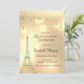 Elegante Glitzer-Tropfen, Gold Eiffel Tower Bokeh Einladung (Stehend Vorderseite)