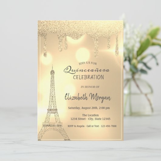 Elegante Glitzer-Tropfen, Gold Eiffel Tower Bokeh Einladung (Stehend Vorderseite)