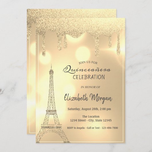 Elegante Glitzer-Tropfen, Gold Eiffel Tower Bokeh Einladung (Vorne/Hinten)