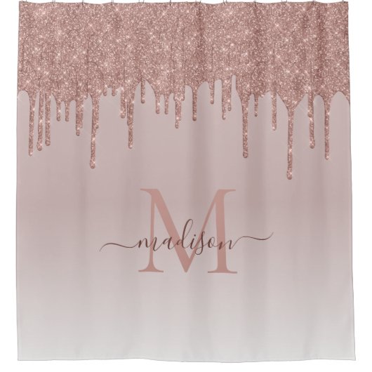 Elegante Glitzer Tropfen Rose Gold Monogram Script Duschvorhang (Vorderseite)