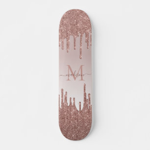Elegante Glitzer Tropfen Rose Gold Monogram Script Skateboard