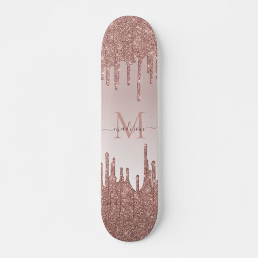 Elegante Glitzer Tropfen Rose Gold Monogram Script Skateboard (Vorne)