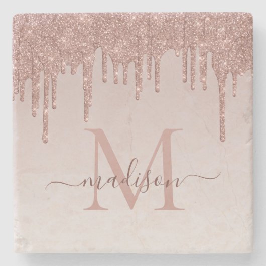 Elegante Glitzer Tropfen Rose Gold Monogram Script Steinuntersetzer (Vorderseite)