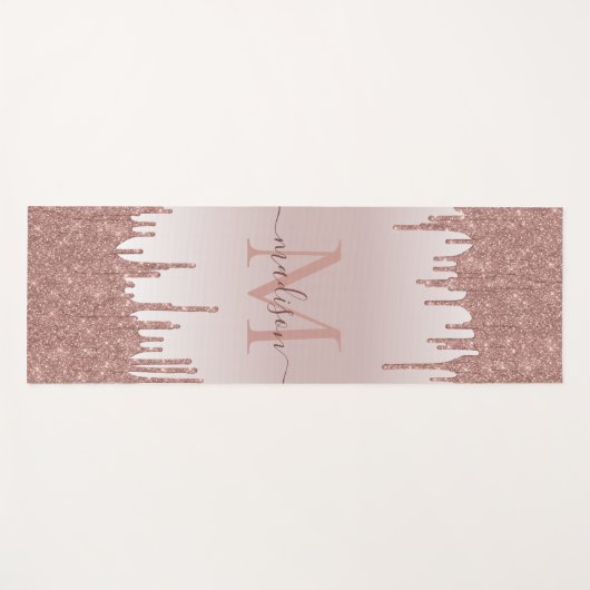 Elegante Glitzer Tropfen Rose Gold Monogram Script Yogamatte (Vorderseite (Horizontal))