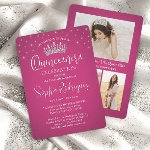 Elegante Glitzern Quinceañera 3 Foto Fuschia Pink Einladung
