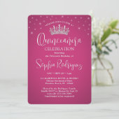 Elegante Glitzern Quinceañera 3 Foto Fuschia Pink Einladung (Stehend Vorderseite)