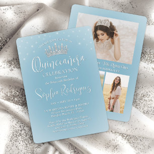 Elegante Glitzern Quinceañera 3 Foto Light Blue Einladung