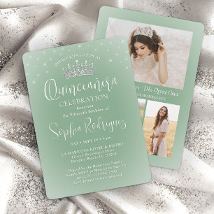 Elegante Glitzern Quinceañera 3 Foto Sage Green Einladung